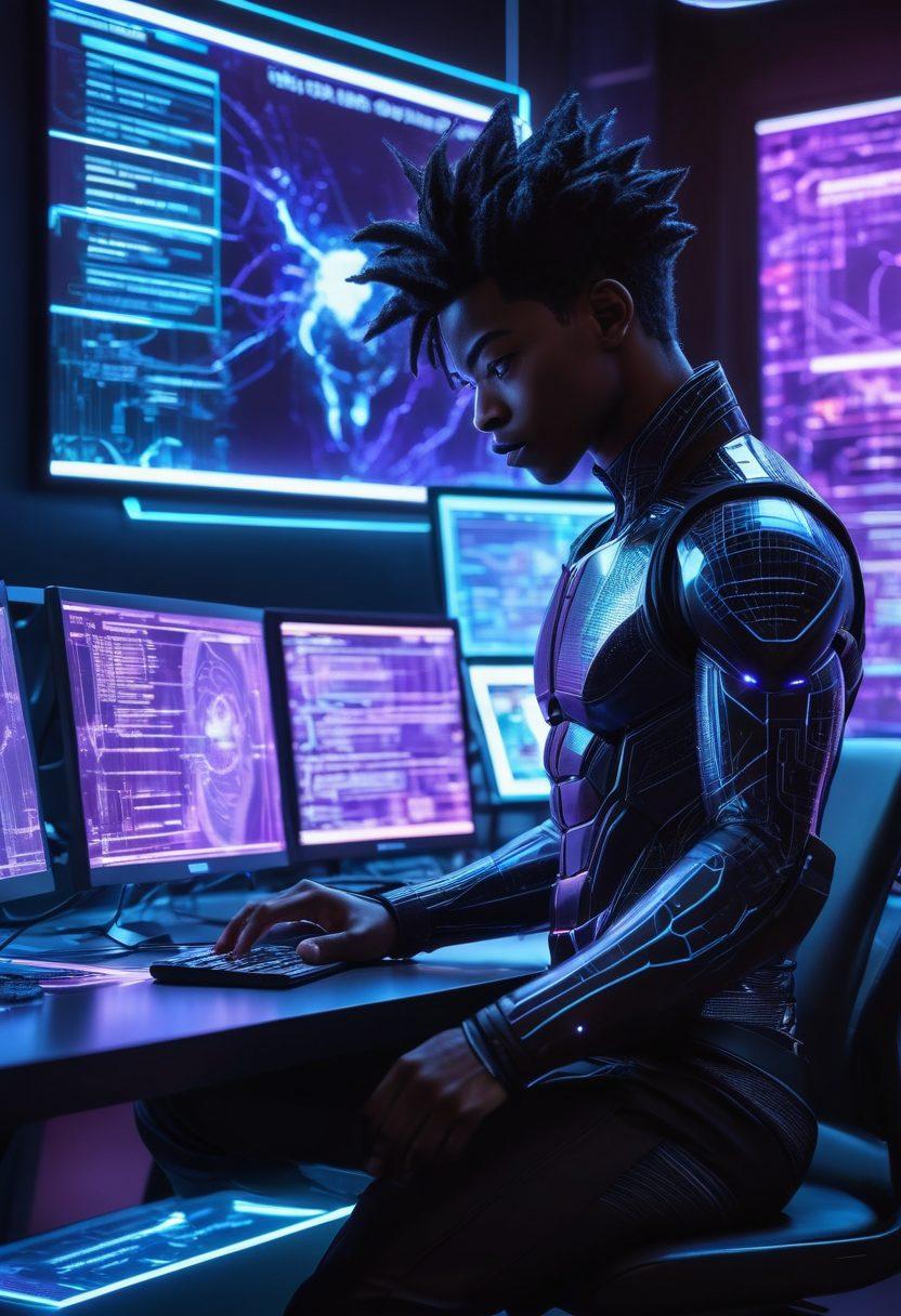 A tech-savvy Black Goku in a sleek black suit, coding at a futuristic desk amidst holographic screens with complex web designs. Neon blue and purple lights reflecting off digital elements, blending anime and high-tech aesthetics. dynamic energy, intense focus, and modern vibe. cyberpunk. vibrant colors.