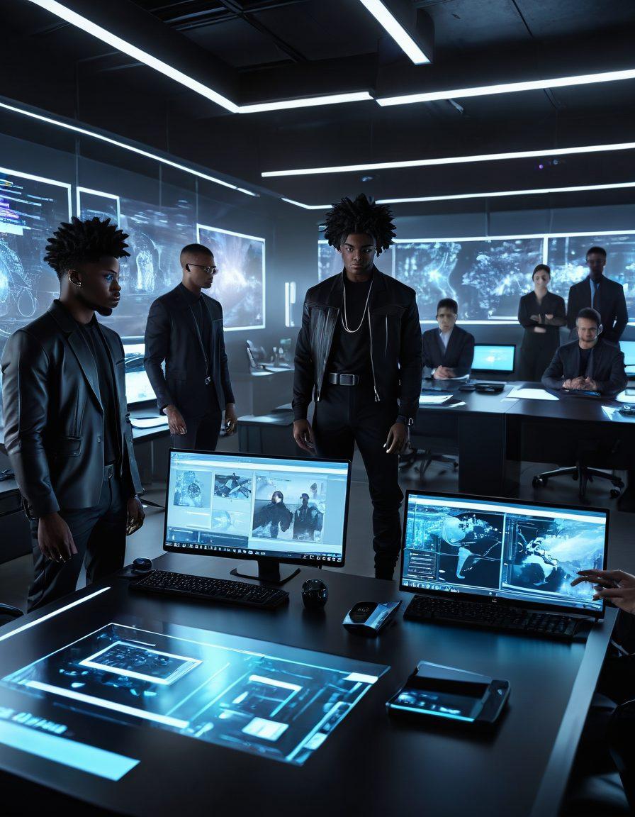 A futuristic office scene with a holographic user interface and diverse professionals collaborating seamlessly. Black Goku, dressed in sleek techwear, stands at the center holding an advanced gadget symbolizing integration. The background showcases interconnected digital networks and smart devices. super-realistic. vibrant colors. high-tech ambiance.