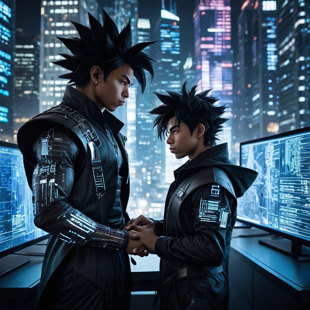 A dynamic scene of Black Goku, dressed in a sleek developer's outfit with glowing coding lines on his attire, working on multiple futuristic computer screens filled with complex code, graphics of interconnected databases, and various web elements. In the background, a vibrant cityscape of modern skyscrapers symbolizes the digital world he shapes. There should be a seamless transition from digital concepts floating around him to a live, interactive website on a tablet he holds. cyberpunk. vibrant colors.